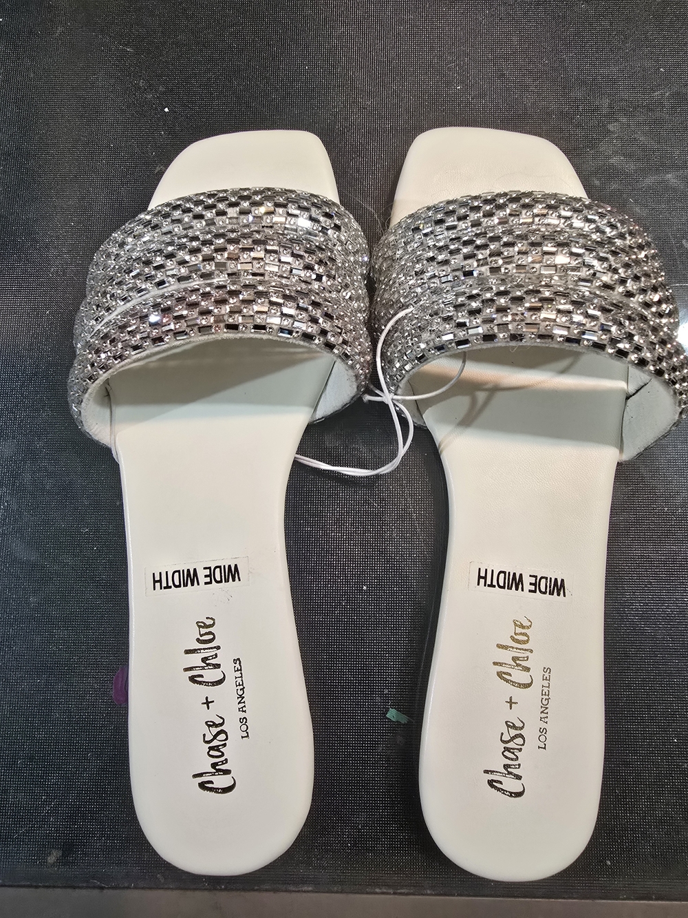 Chase + Chloe White Slide Sandals with Silver Crystal Straps